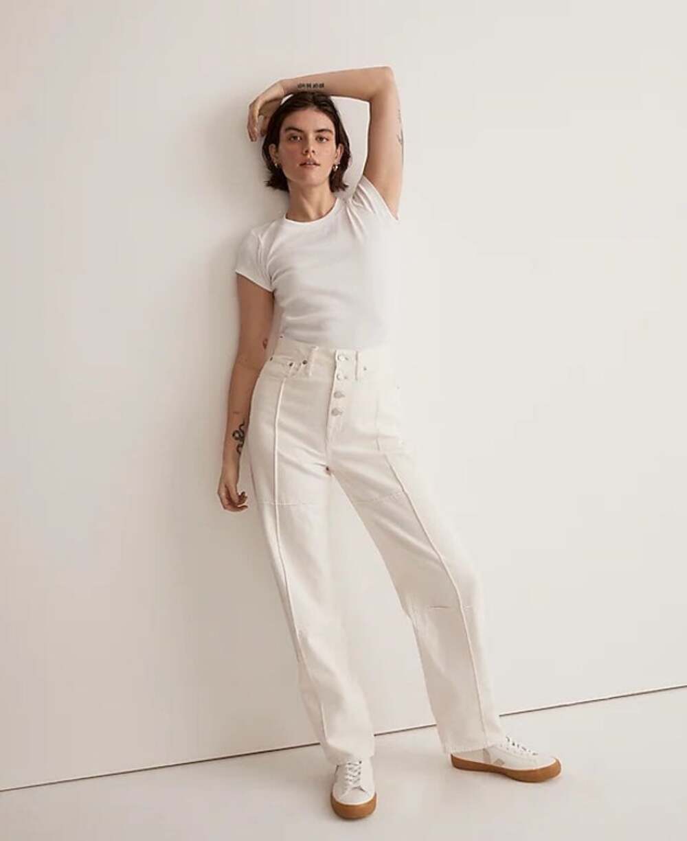 Madewell Baggy Straight High Rise Button Fly Jeans Vintage White Canvas Size 25